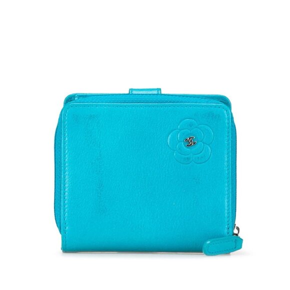 CHANEL Blue Lambskin Leather Logo Wallet